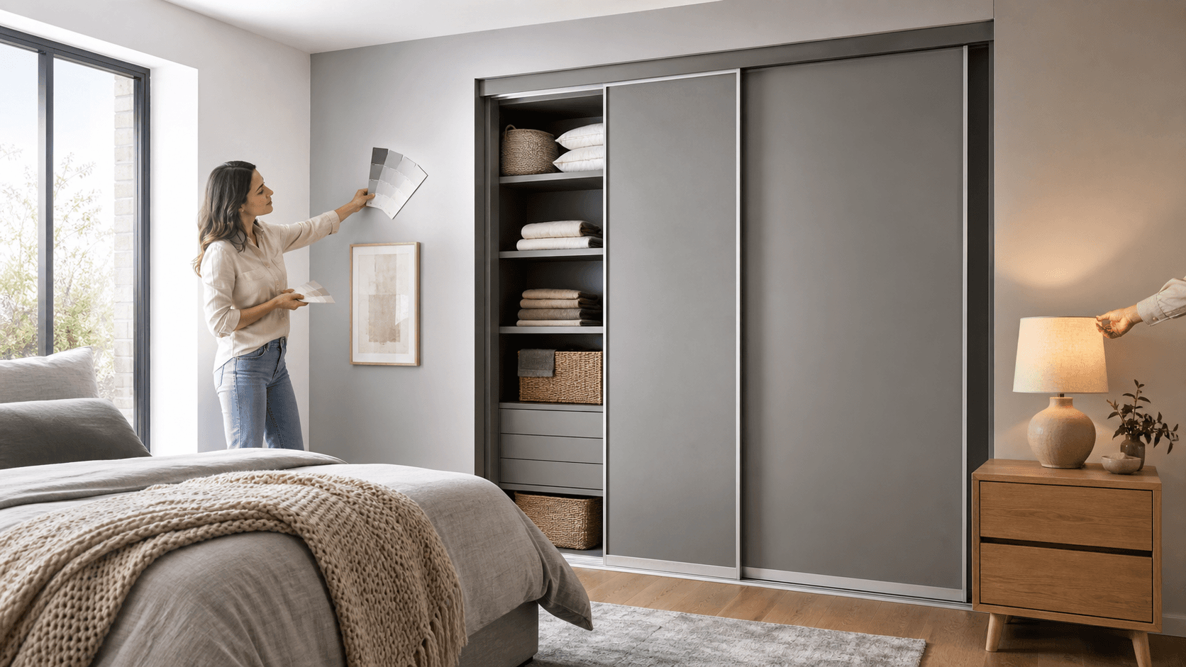 Serene bedroom with grey sliding wardrobe doors, soft neutral bedding, warm ambient lighting, and textured decor.