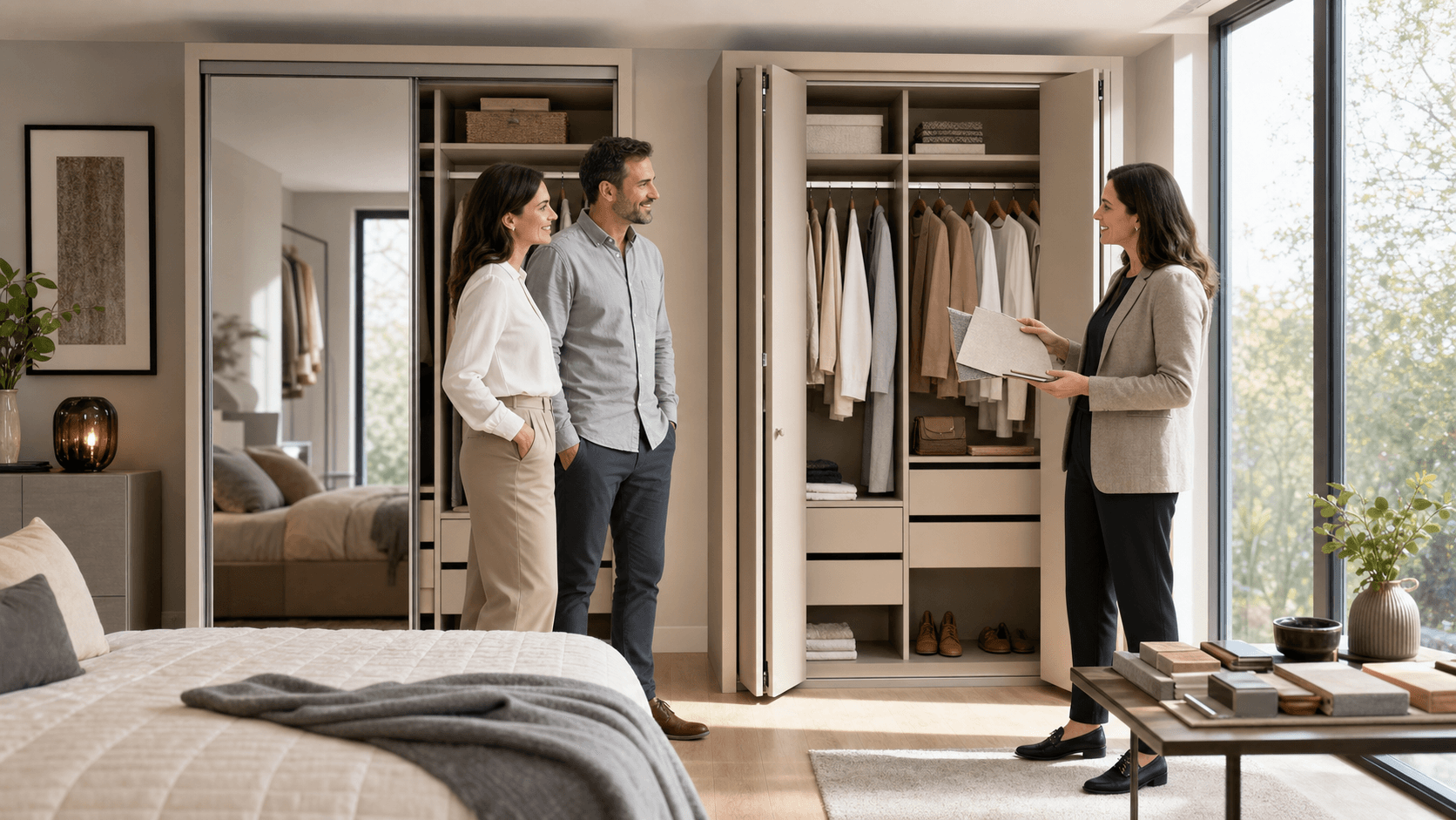 Modern bedroom with mirrored sliding wardrobe and white bi-fold closet doors, soft natural light from window