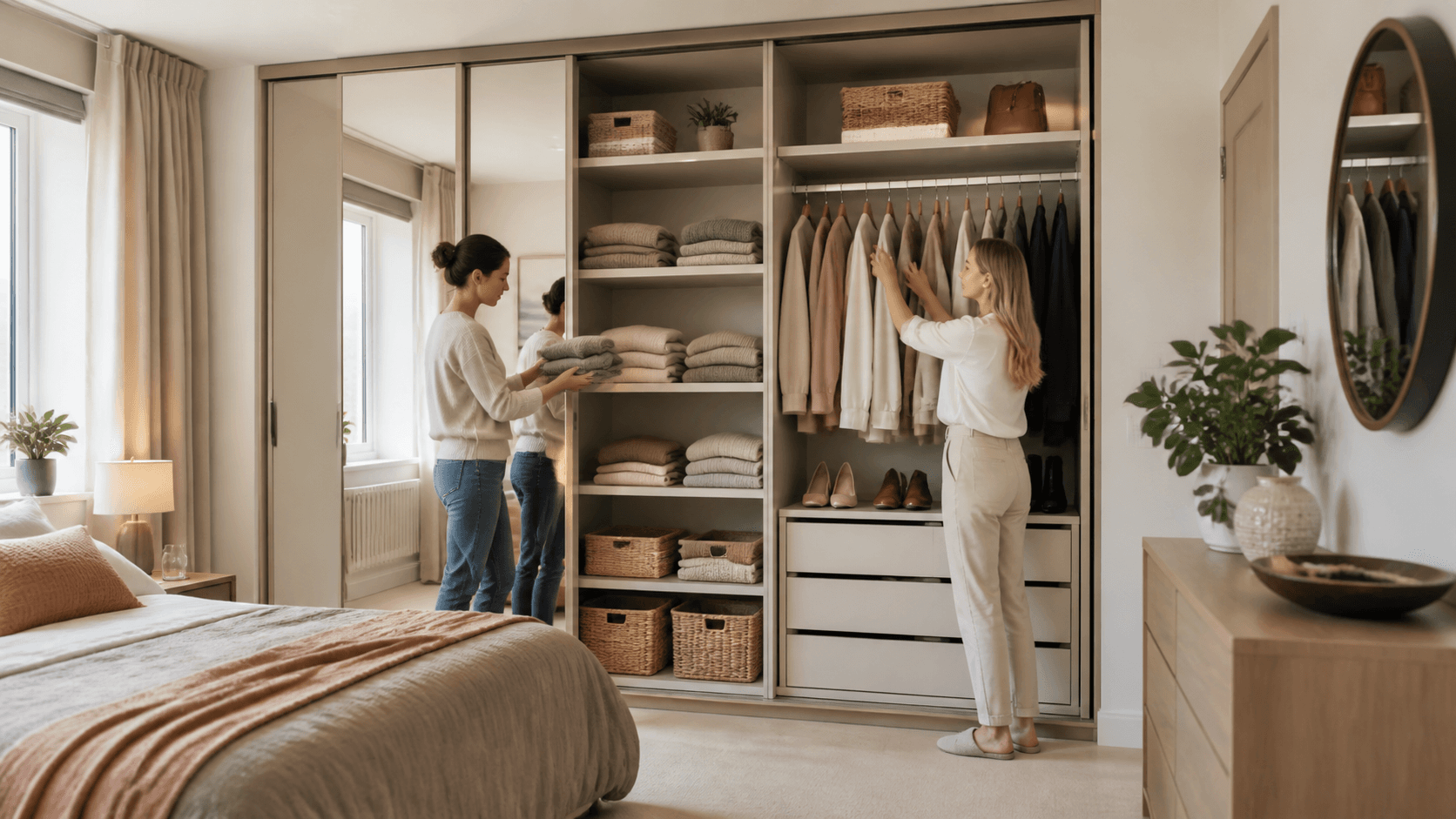 Modern shared bedroom with twin beds, white wardrobes, open shelving, and warm natural light.