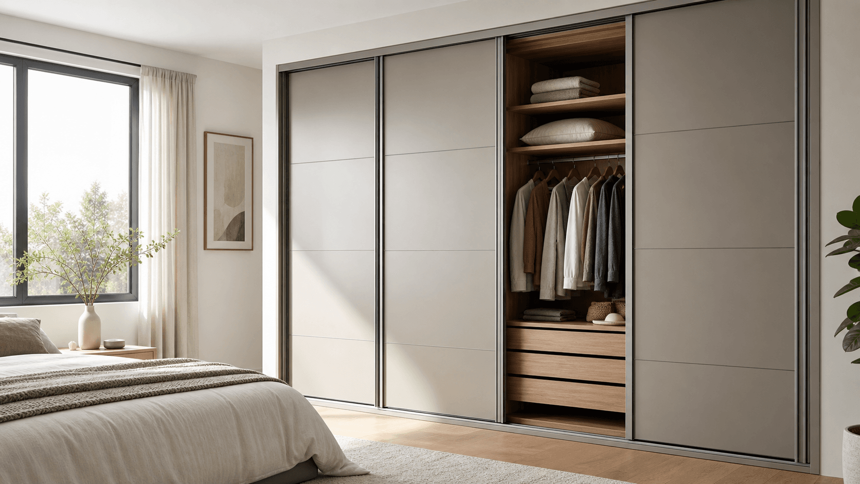 Modern bedroom with white sliding-door wardrobe, warm wood accents, soft daylight, neatly made bed in foreground