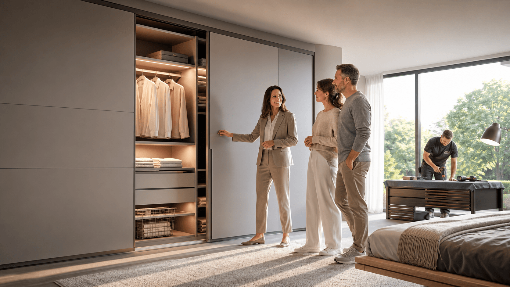 Modern bedroom with sleek white wardrobes, mirrored doors, warm lighting, and a neatly made bed in the foreground