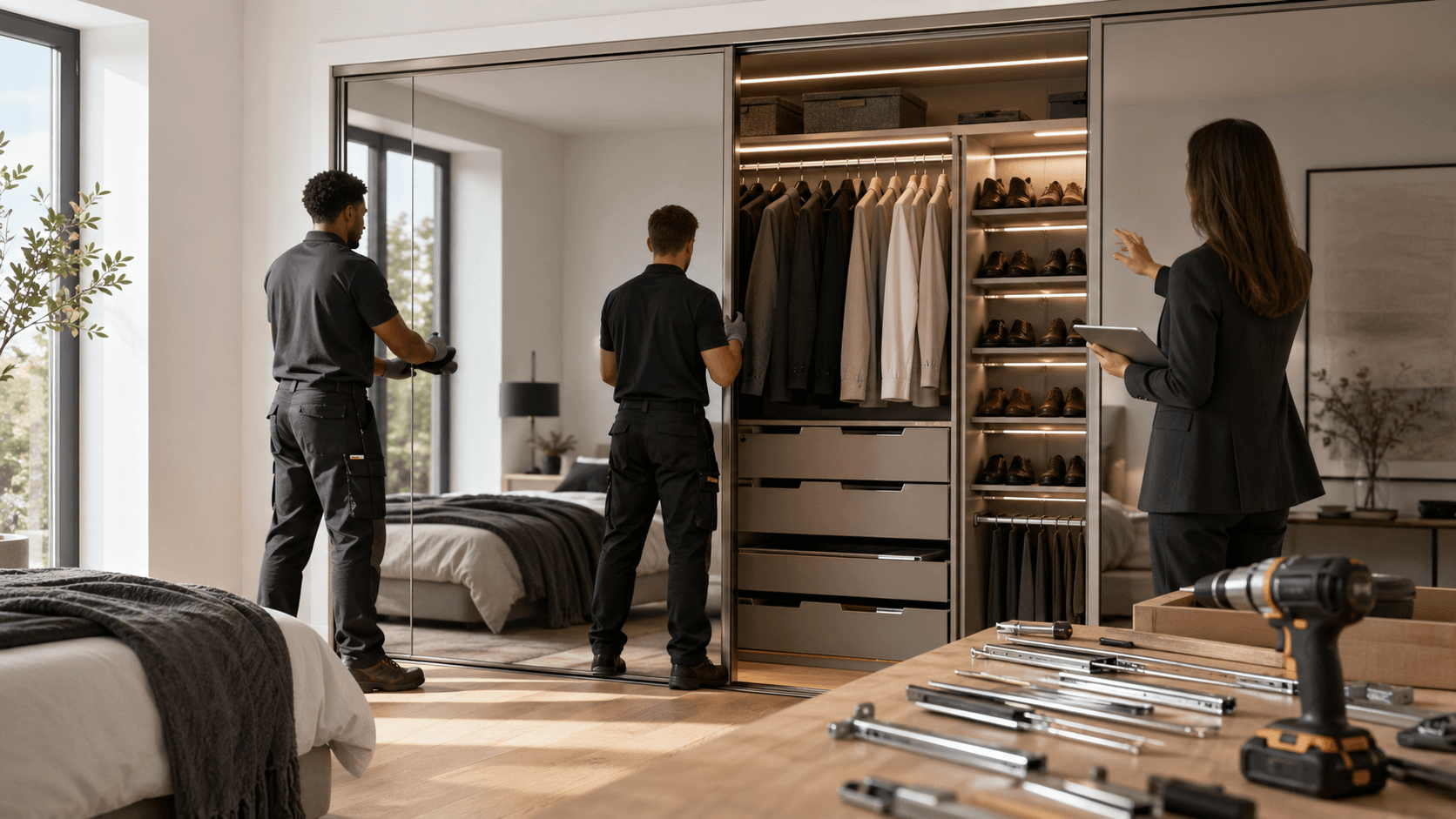 Modern bedroom wardrobe with white sliding doors, black trim, and warm lighting, viewed straight-on.