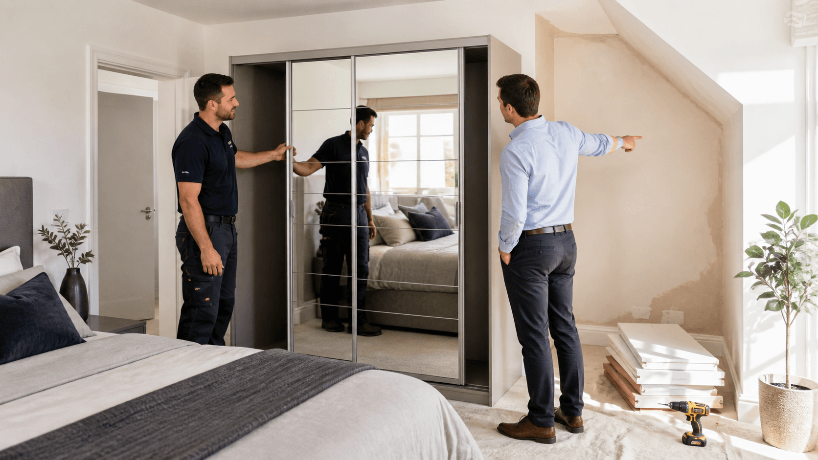 Bright modern bedroom with a white freestanding sliding wardrobe, mirrored doors, and soft daylight from a window
