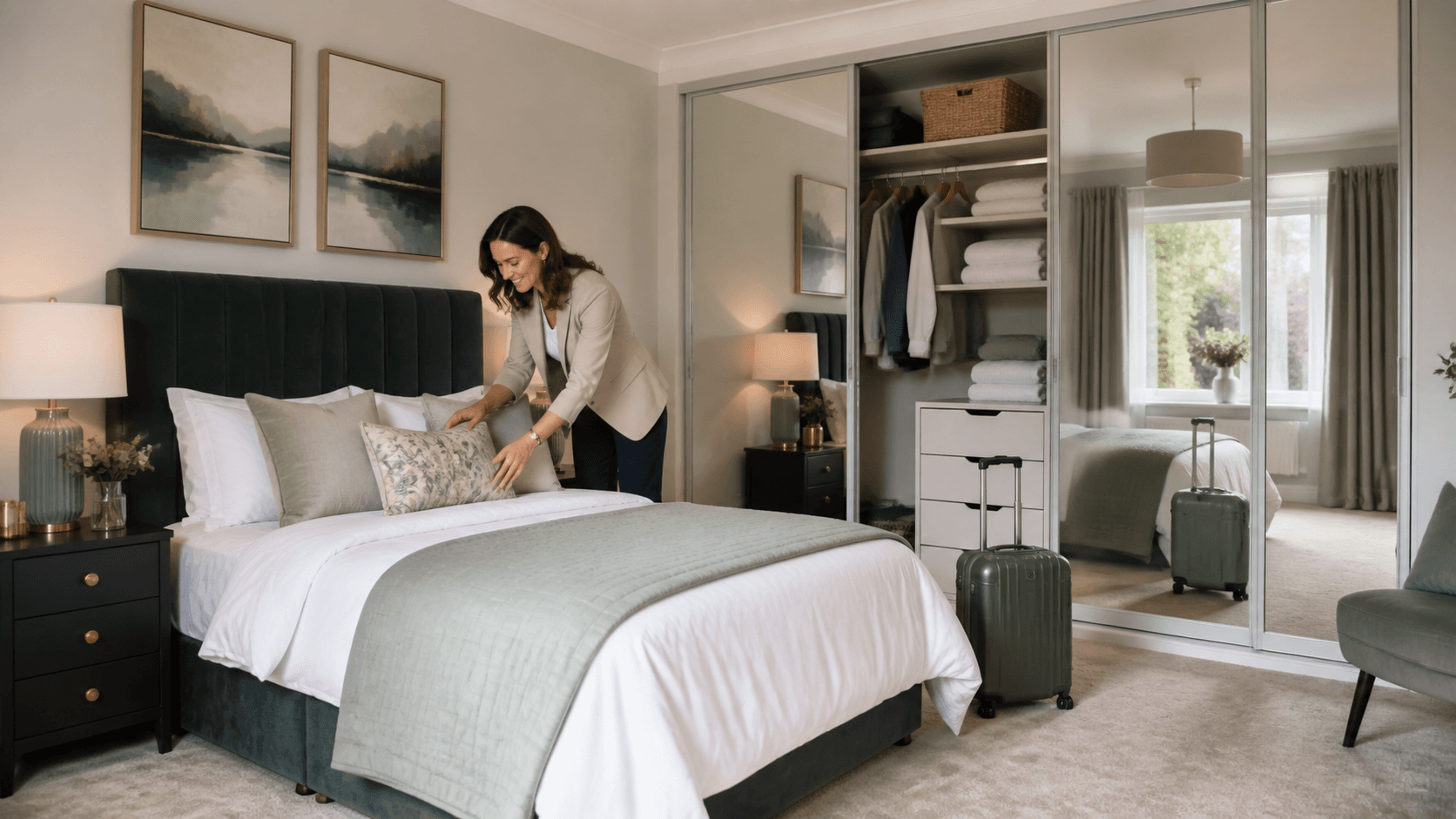 Bright guest bedroom with a neatly made bed and sleek sliding-door wardrobe in soft natural light.