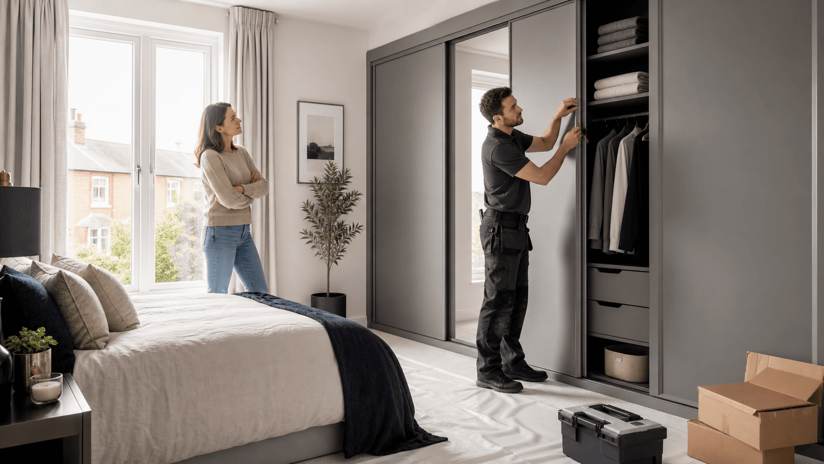 Modern bedroom with a grey sliding wardrobe, mirrored panels, soft daylight, and neatly made bed in foreground
